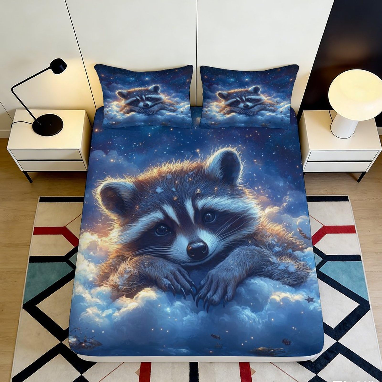 Pnayamiorkfel Style-1 3D Printed Starry Night Raccoon Fitted Sheet Microfiber Soft Bed Cover For Bedroom Dorm Mattress Protection Decor 90X200x25cm