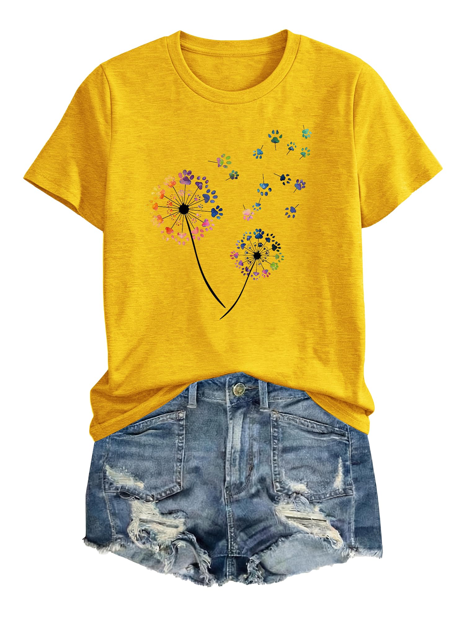 Anbech Women Dandelion Print T Shirts Summer Short Sleeve Graphic Tees | Cute Dandelion Paw Print Tshirt Casual Crewneck Loose Fit Flower T-shirts Teen Girls Colorful Comfy and Soft Daily Wear