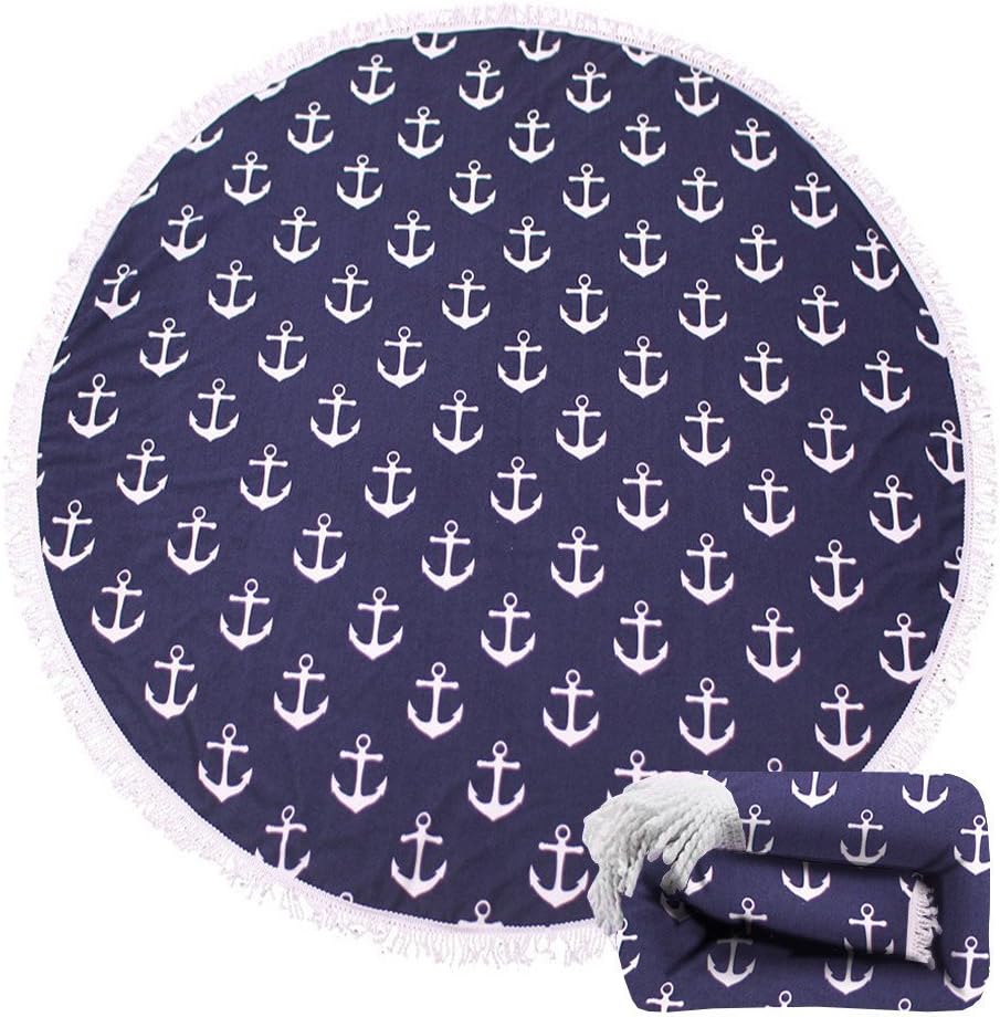 Elliz Round Beach Towel Ultra Soft Microfiber Super Water Absorbent - Beach Camping, Picnic Blanket, Yoga Mat, Table Cloth 59", Blue Anchor