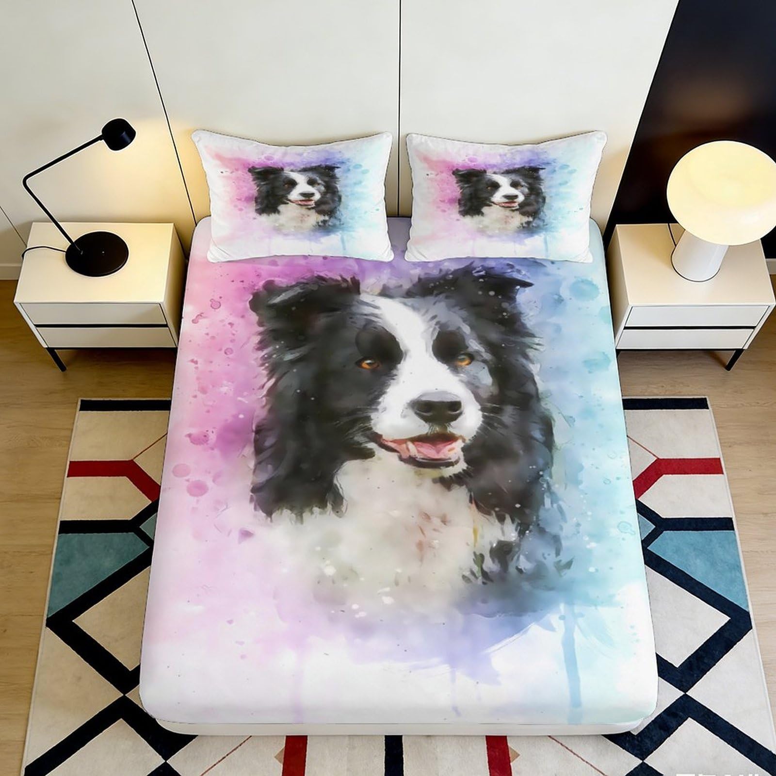 3D Printed Border Collie Fitted Sheet Microfiber Soft Breathable Dog Portrait Bed Cover for Bedroom Dormitory Guest Room Mattress Protection Decor 90x200x25cm
