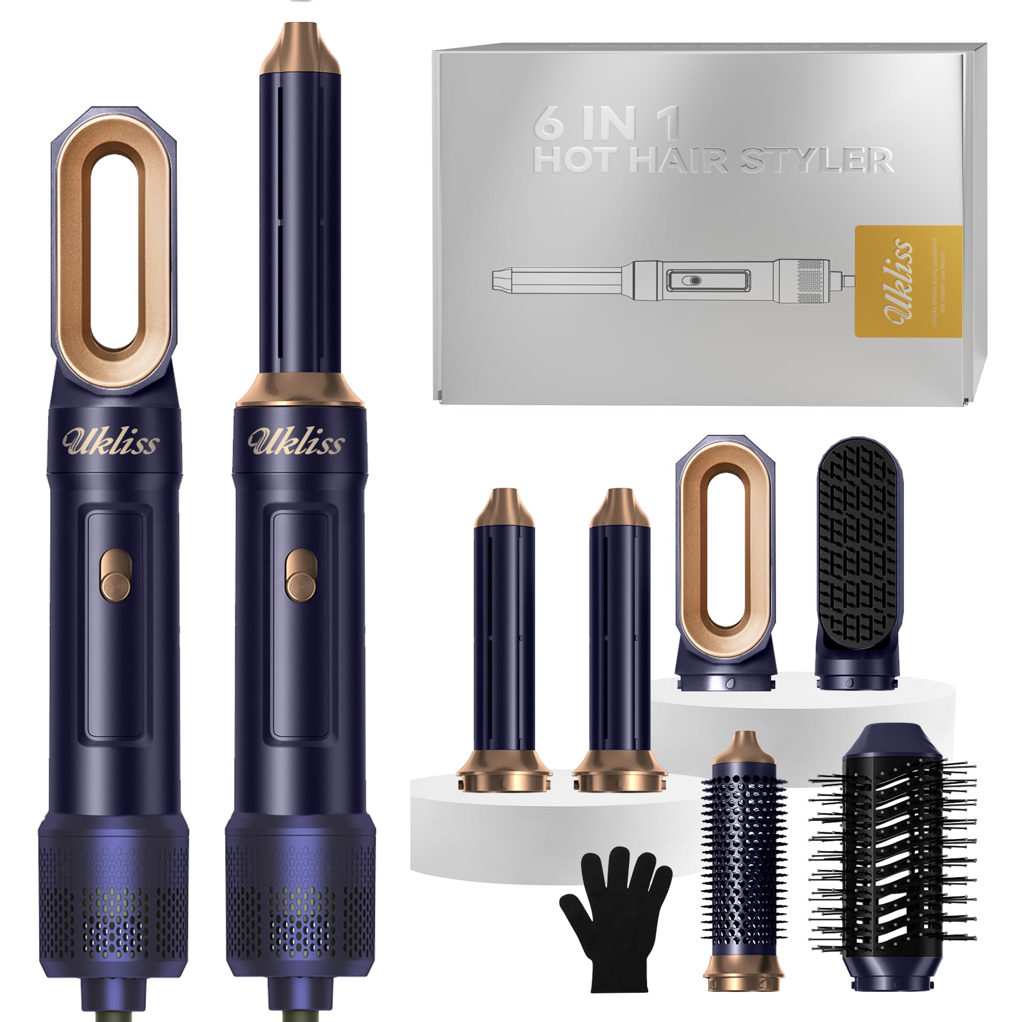 UKLISS Air Styler 6 en 1, Seche Cheveux Professionnel avec Brosse Cheveux Bouclés Automatique, Lisseur cheveux, Brosse Souflante, Hair Dryer, Brosse Thermique, Hair Styler pour Sytyling - Blu