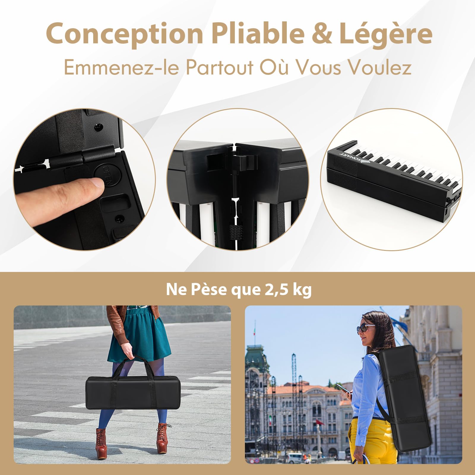 COSTWAY Piano Numérique 61 Touches Pliable avec 128 Sons & 128 Rythmes, Clavier Électronique Portable avec Fonction Bluetooth, Haut-Parleurs & Pédale de Sustain pour Enfants ou Débutants