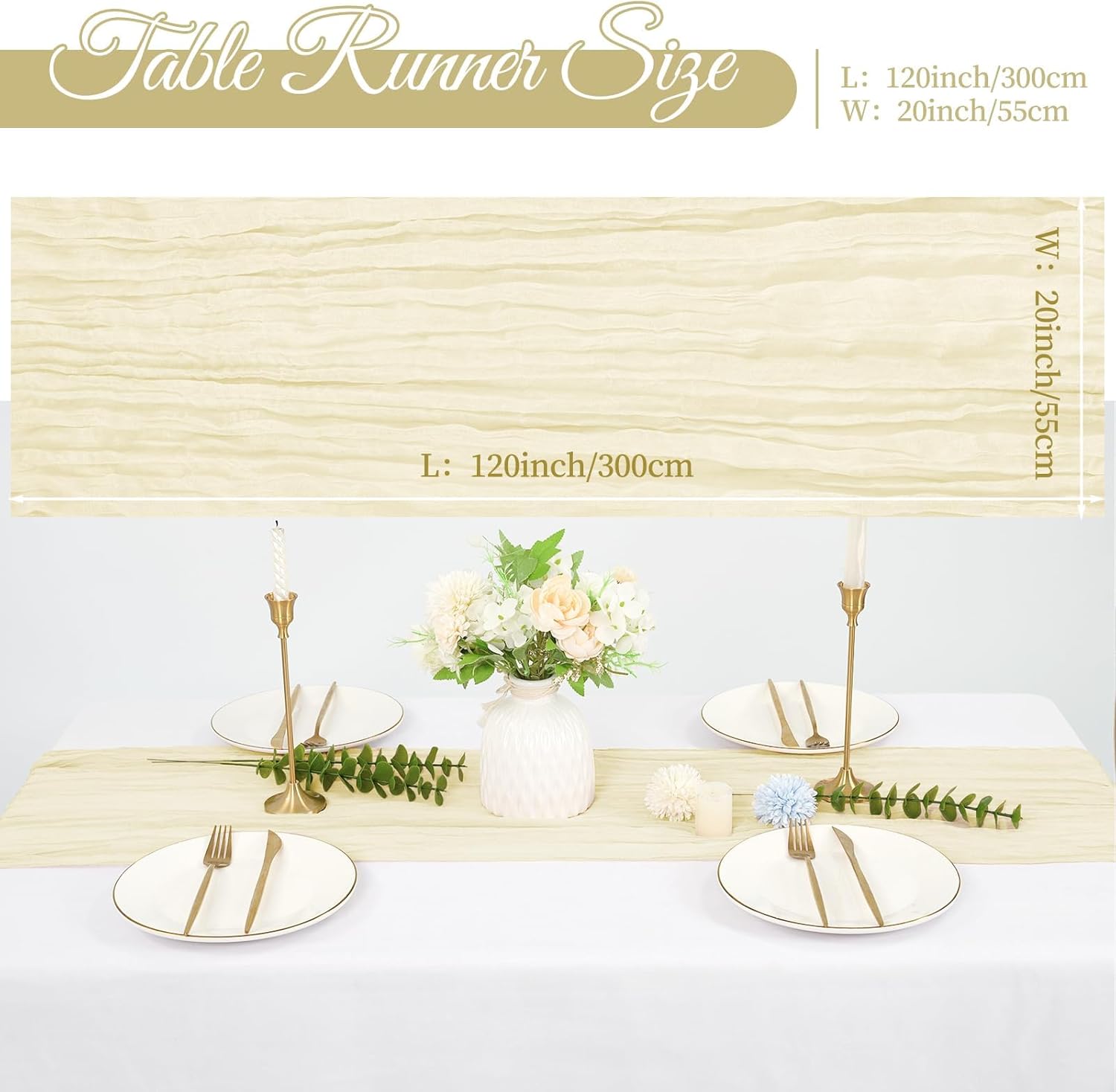 10 Pack Cheesecloth Table Runner 20 x 120 inch Long Boho Gauze Table Runners 10FT Semi Sheer Table Runner for Wedding Decor, Baby Shower, Birthday Party, Banquet (Ivory)