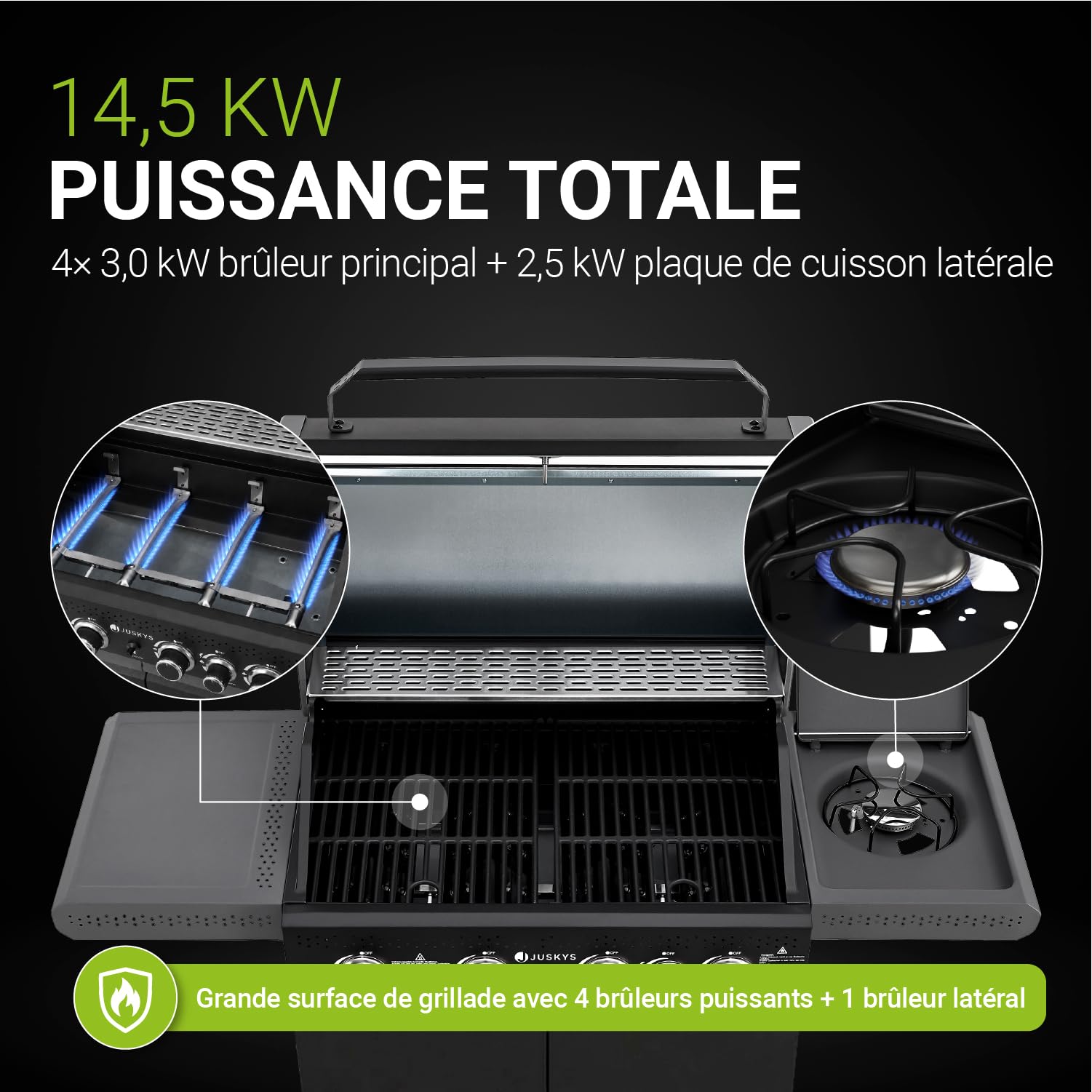 Juskys Barbecue à gaz Savannah - 4 brûleurs et 1 brûleur latéral - XXL en acier avec grille de cuisson en fonte, plaque de cuisson, meuble bas pour bouteille de gaz