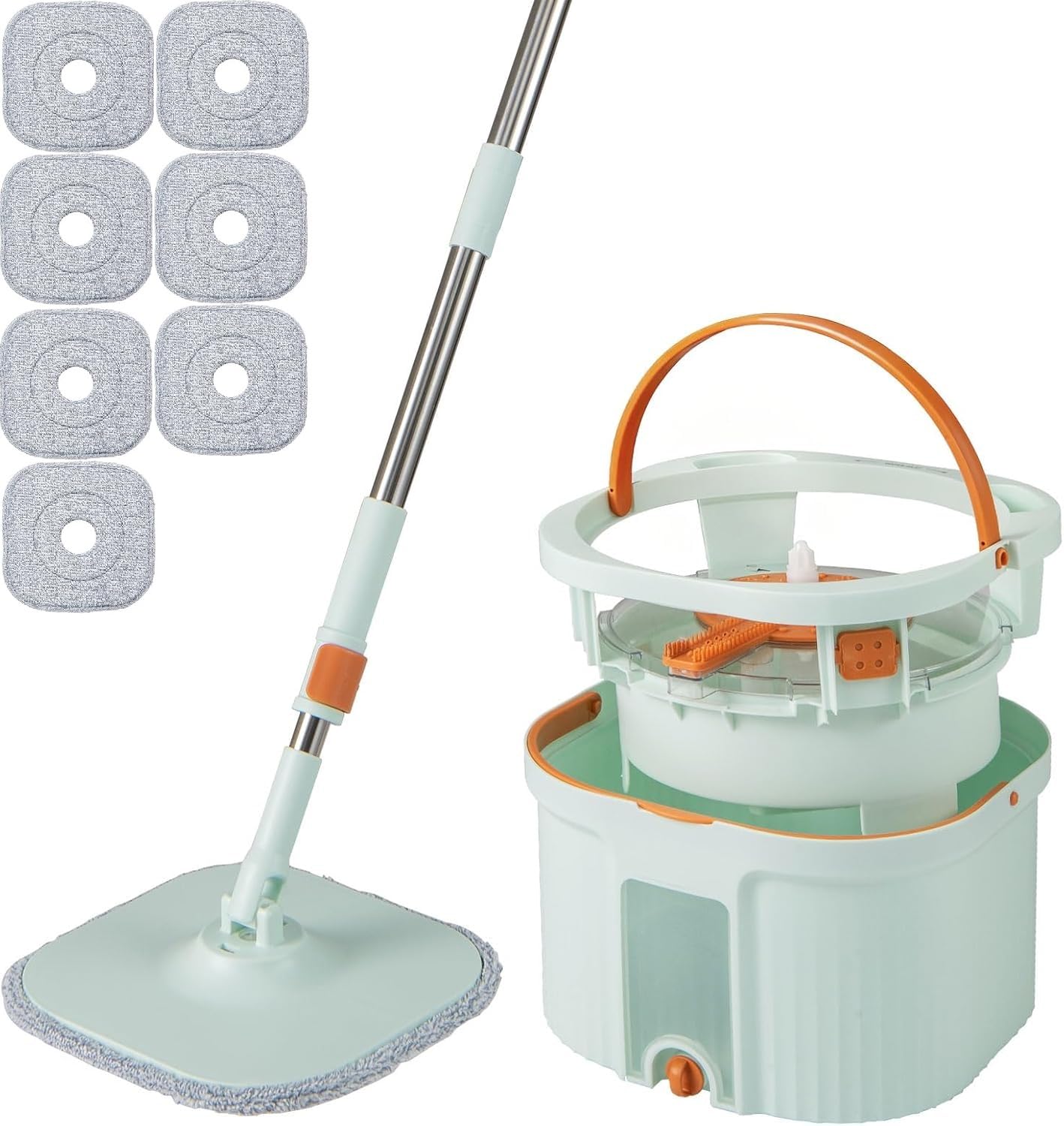 COSTWAY Wischmopp und Eimersystem mit Auswringfunktion, Abwassertrennung, 360° Drehmoppkopf & 2 Mikrofaser-Pads, Flacher Bodenwischer für Nass- und Trockenreinigung (Grün + 6 Pads)