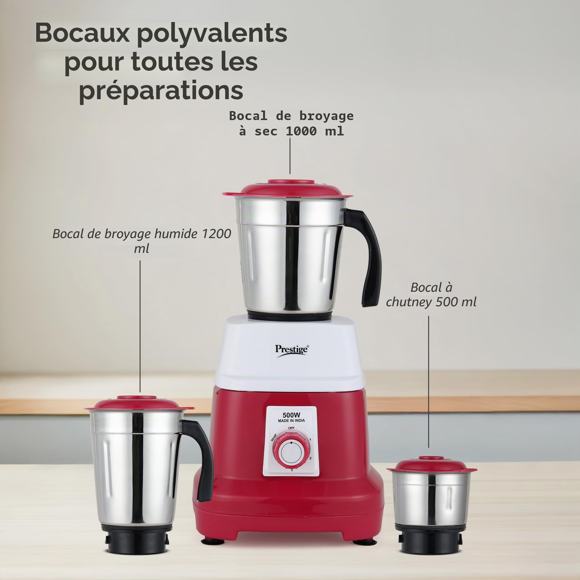 Prestige Orion Mixeur broyeur 500 watts avec 3 bols en acier inoxydable | 3 lames en acier inoxydable super efficaces | Poignées robustes | Rouge et blanc
