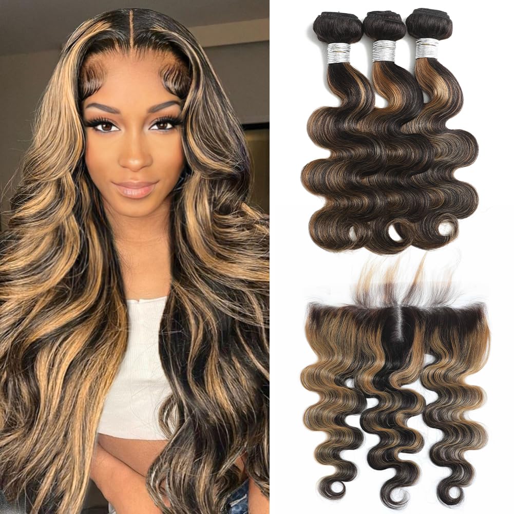 P1b/27 Human Hair Bundles Body Wave with 13x4 Frontal 10 12 14+10 Inch, Honey Blonde Highlight Bundles Loose Wave Sew In Weave, 12A Black and Blonde Balayage 100% Human Bundles with HD Frontal