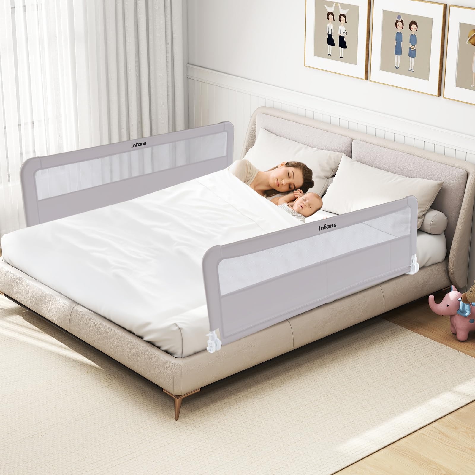 INFANS Bettgitter für Kleinkinder, 150 cm, faltbares Sicherheitsgitter für Babybett, extra lang, schwenkbar, Bettschutzgitter für Cabrio, Queen-Size-Bett, Matratzenschutz, Hellgrau