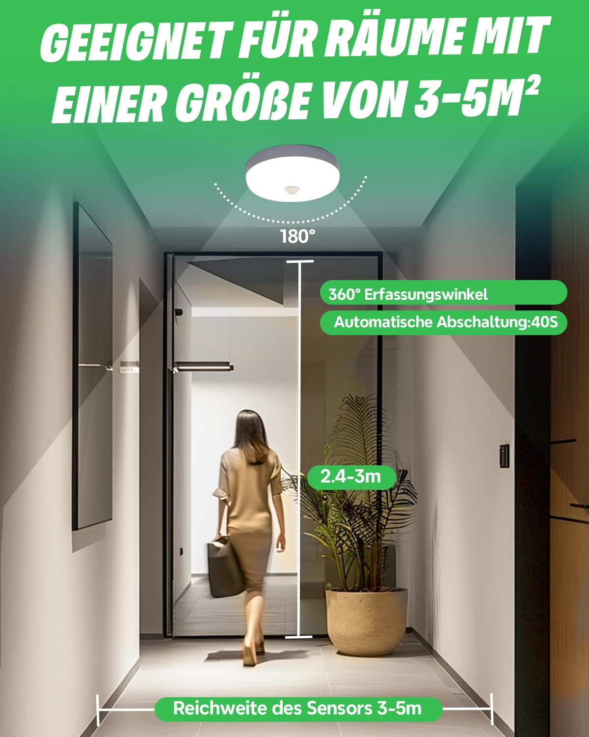 Plafonnier 15W LED avec Détecteur de Mouvemen, Lampe de plafond Rond avec Capteur Blanc Naturel 4000K,IP56 Étanche pour Escalier Intérieur Extérieur, Salle de Bain, Balcon,Garage, Couloir