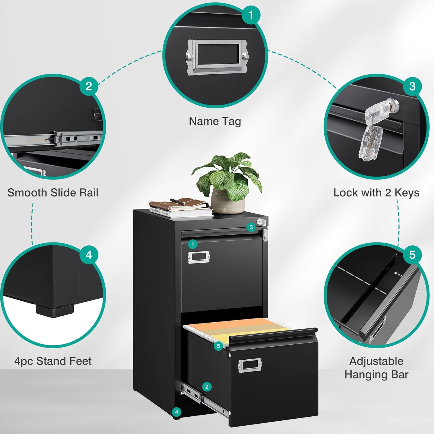 به تفصیل view از file cabinet features: name tag holder, smooth slide rail, lock with two keys, four stand feet, and adjustable hanging bar.