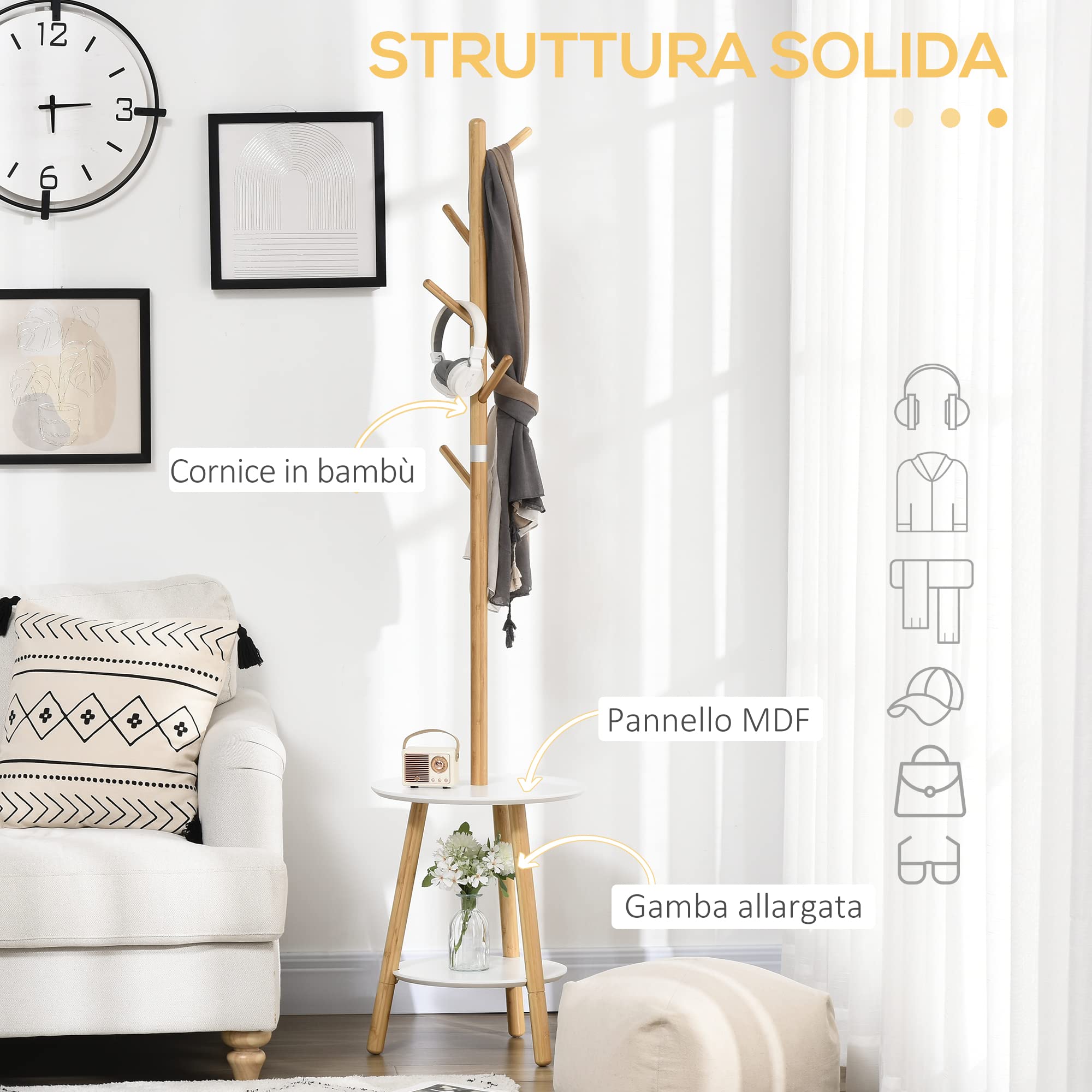 HOMCOM Appendiabiti da Terra per Ingresso 39.5x39.5x171 cm Legno e Bianco | MDF e Alluminio, 5 Ganci in Bambù, Tavolino Rotondo da Caffè