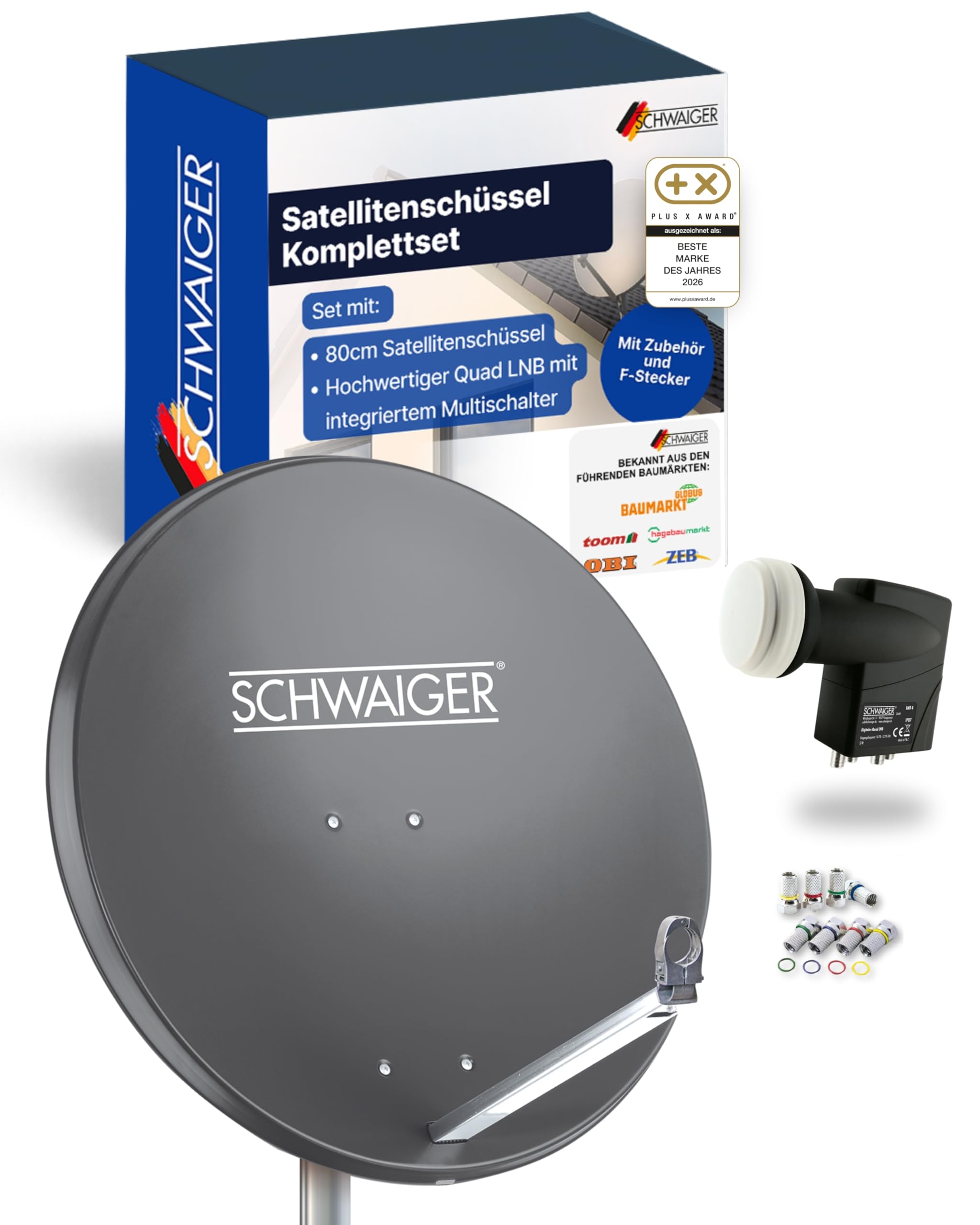 SCHWAIGER Satellitenschüssel Ø 80 cm Aluminium Offset Antenne Anthrazit Quad LNB 4-Fach Digital HD 4K Empfang wetterfest
