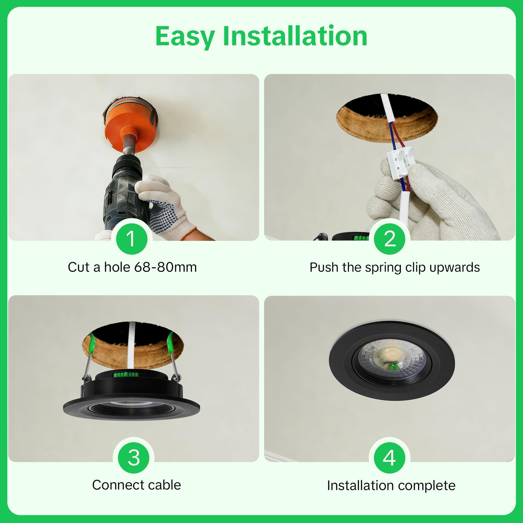 Spot LED Encastrable Orientable 230V, 5W 500LM Spots de Plafond Extra Plat Blanc Chaud Blanc Neutre Blanc Froid Réglable, IP44 Spot Salle de Bain, Trou Ø68-80mm, Noir Lot de 10