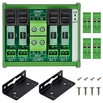 AC Power Distribution Module, Rocker Switch, Fused, Pluggable Top Wiring Terminal Block, DIN Rail and Screw Mount 4 Channel