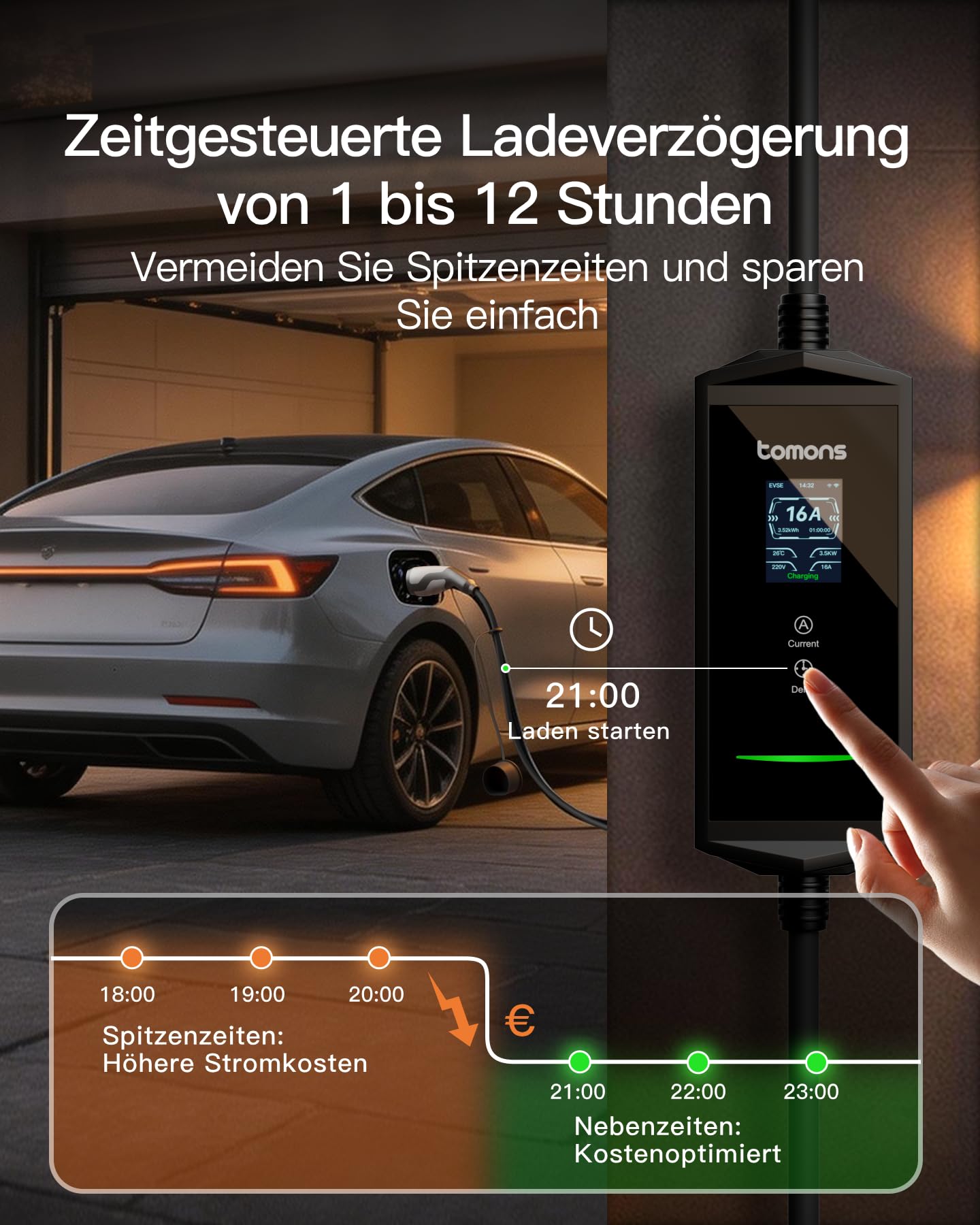 tomons Type 2 Ladekabel Schuko mit APP, Mobile Wallbox 3,68 kW 6M Einphasig 16A, 2,4" LCD-Anzeige IP65,Einstellbarer Ladeleistung&startzeit,für e Auto ID.3/4/5/7,Model Y/3,ENYAQ und Anderen PHEV/EV