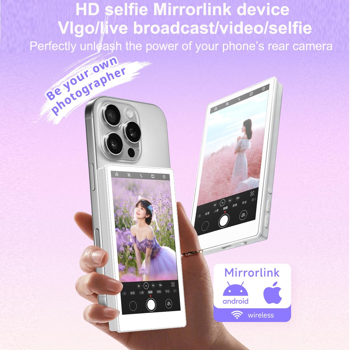 Magnetyczny telefon vlog selfie monitor, bezprzewodowy ekran selfie do iPhone'a i Androida 2000 mAh z pilotem Bluetooth, 3-poziomowa jasność i tryb szerokiego ekranu, do selfie, vloga, bez opóźnień