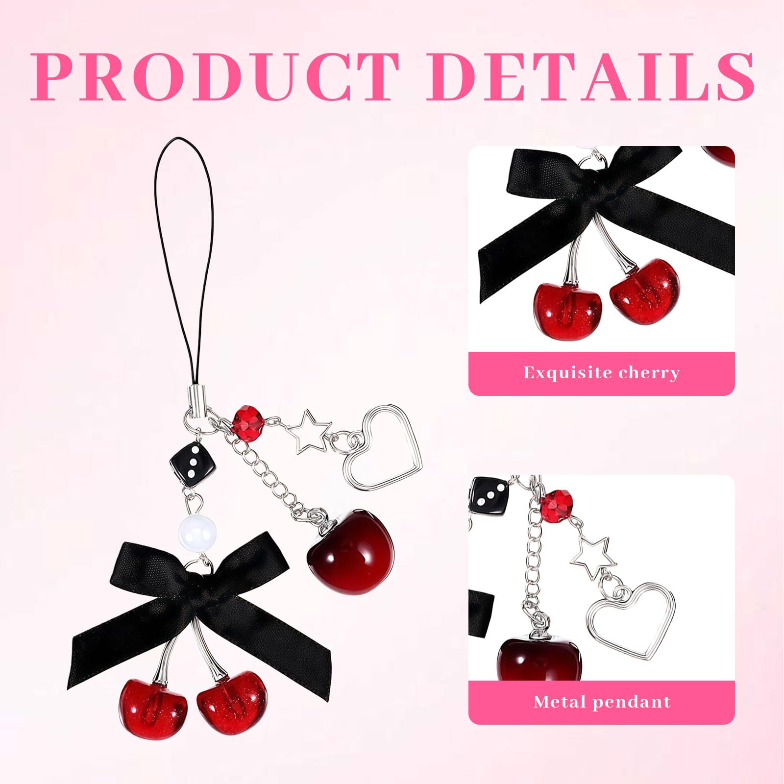 Kurze Handykette avec Charme Cerise – Breloque de téléphone Mignon en Noir comme chaîne Courte décorative pour Smartphone et clés