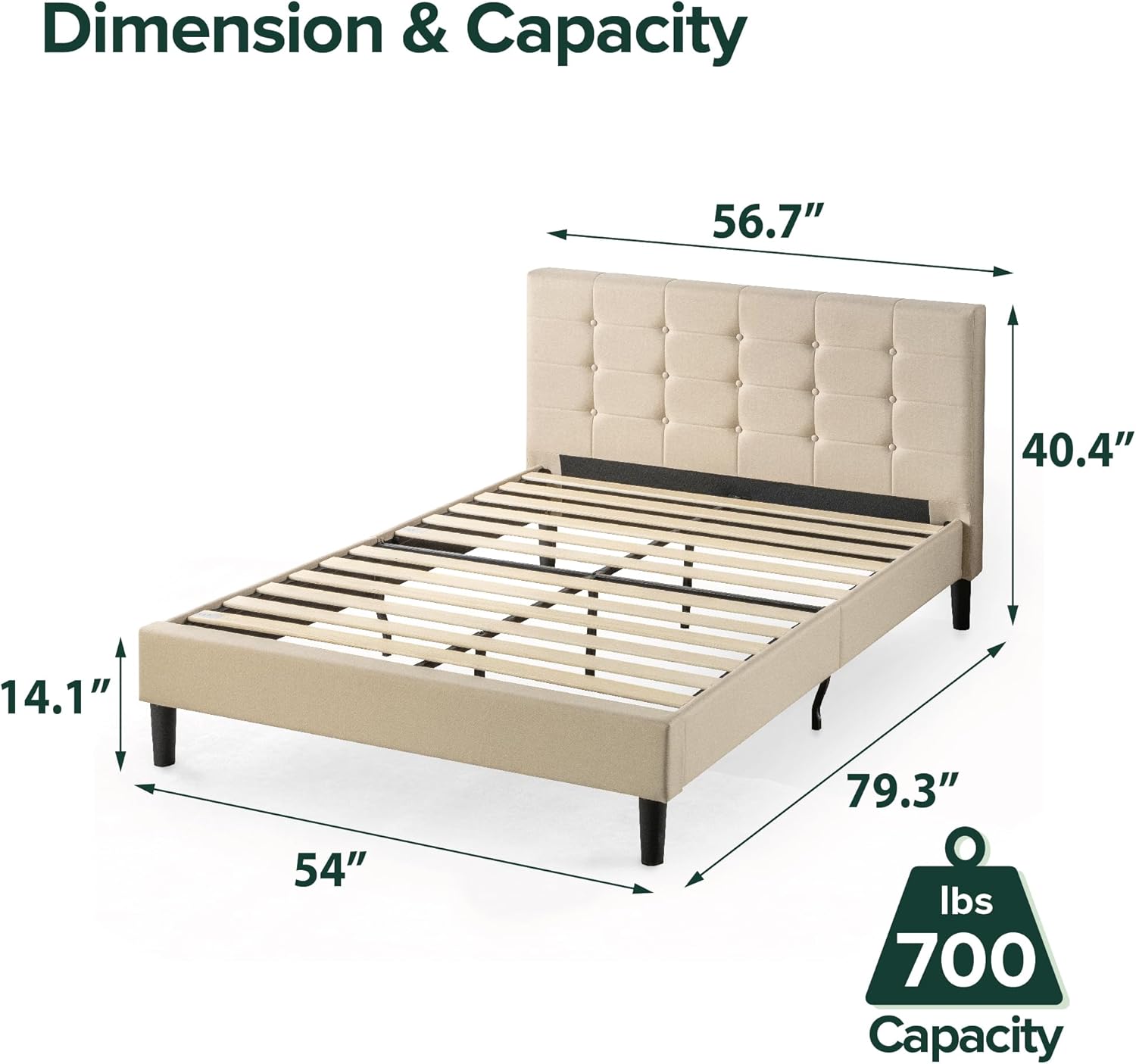 Diagram showing the dimensions of the ZINUS Ibidun Full size bed frame, including length, width, height, and under-bed clearance.