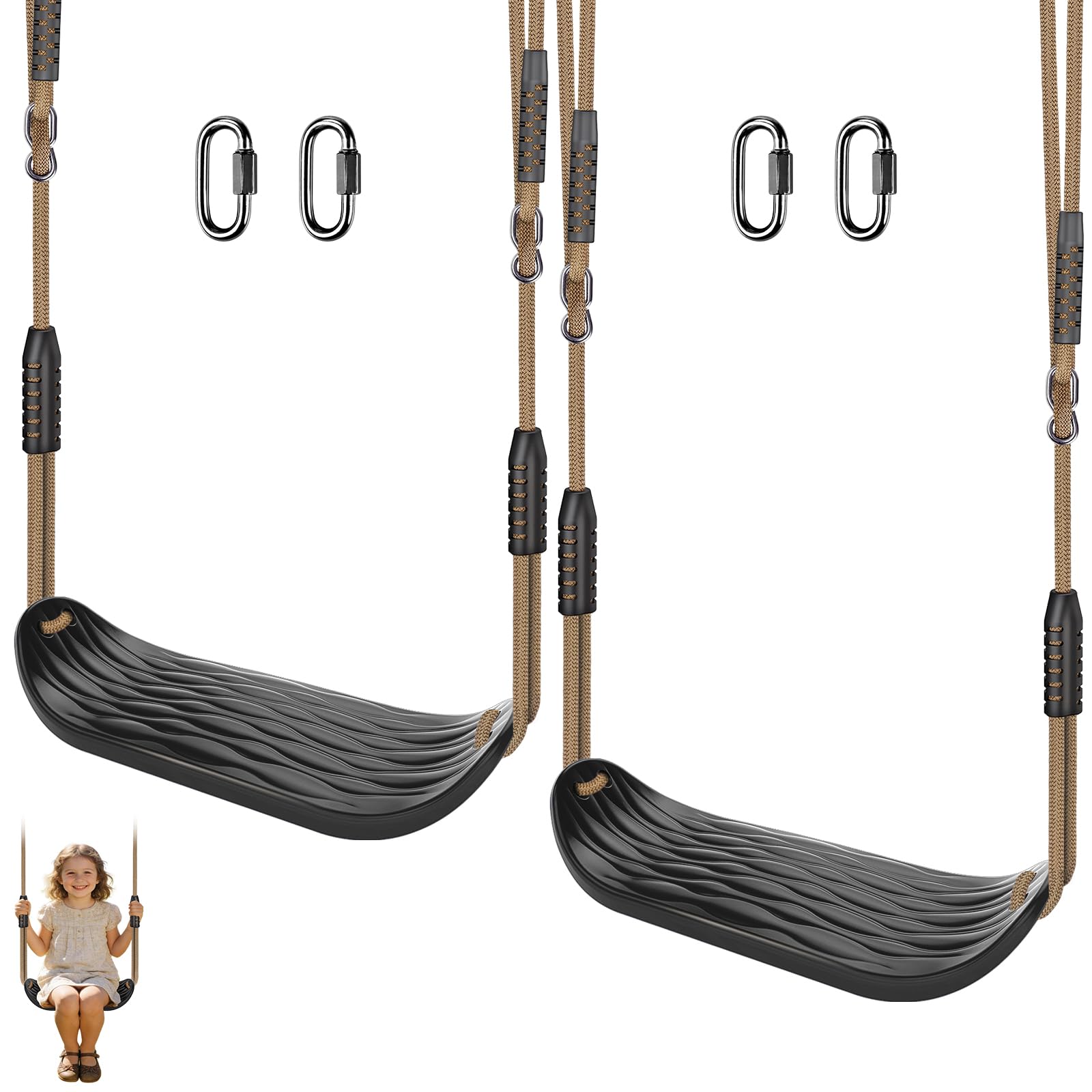 SELEWARE Black Heavy Duty Swing Seat Non-Slip Tree Swing for Kids, 2 Pack