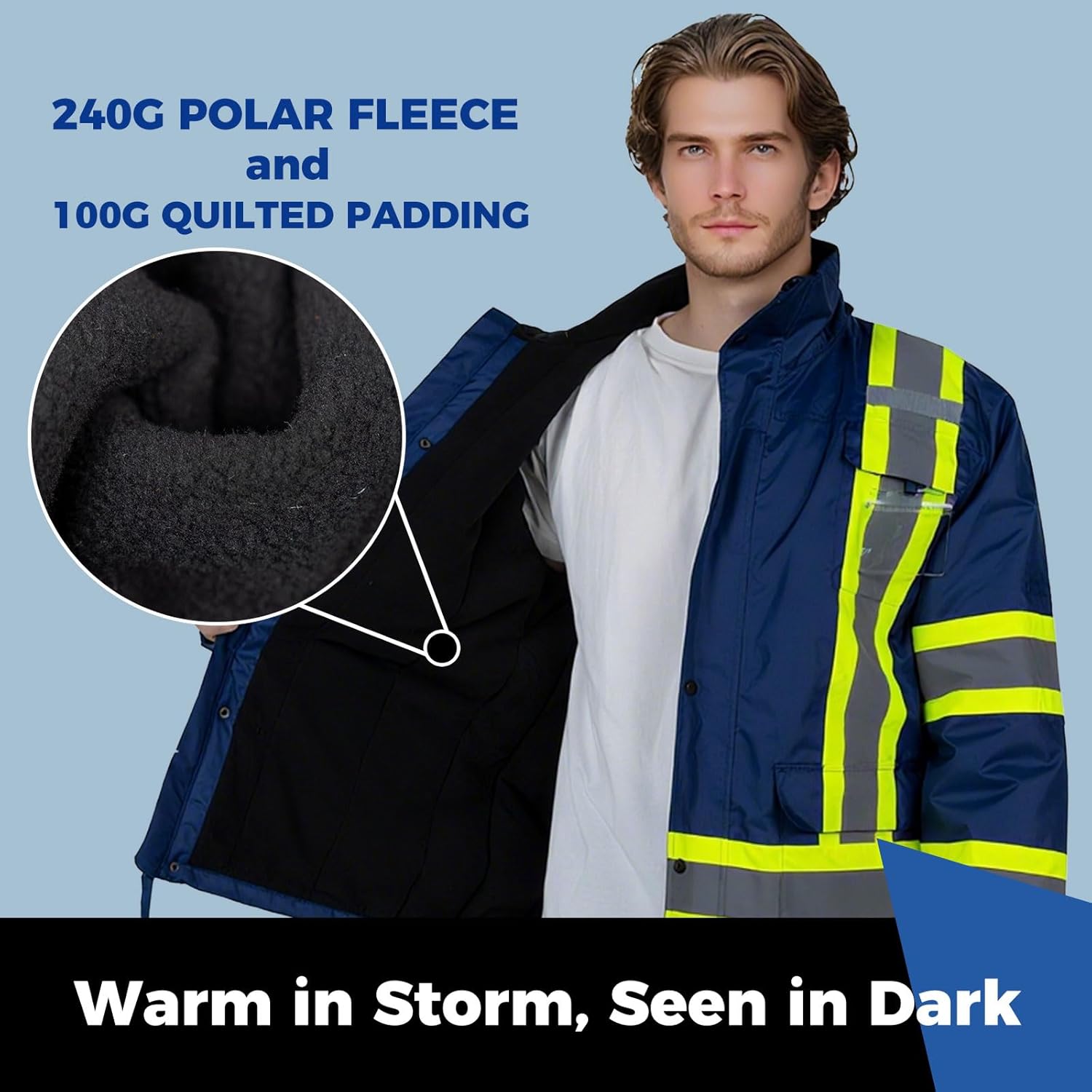 High Visibility Safety Jacket for Men Hi Vis Reflective Construction Work Jacket Waterproof with Fleece Liner - Image 4