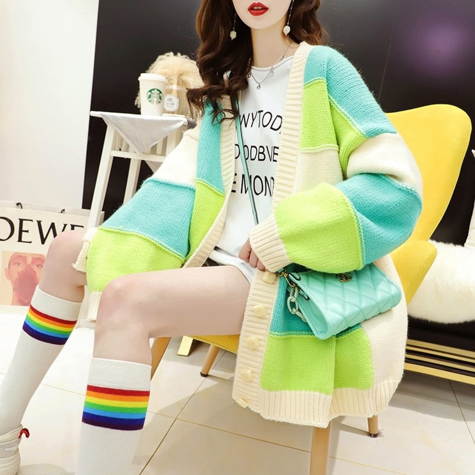 Color Stripe Cardigan Sweater Women 