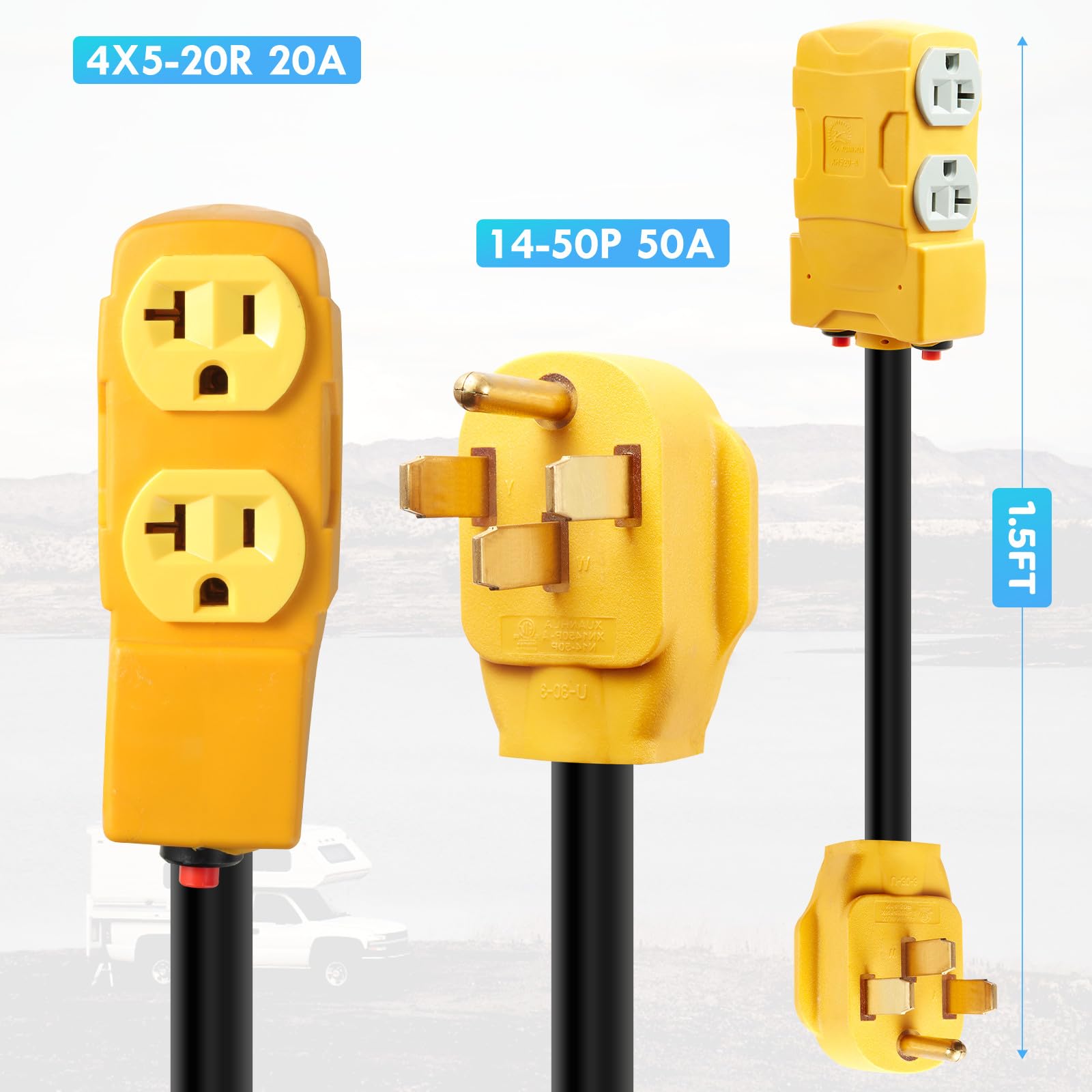 Adaptateur de distribution 50 A à 20 A 110 V pour camping-car, NEMA 14-50P à 4 x 5-20R/15R 4 broches pour prise domestique à multiples prises avec disjoncteur de 20 A, cordon de