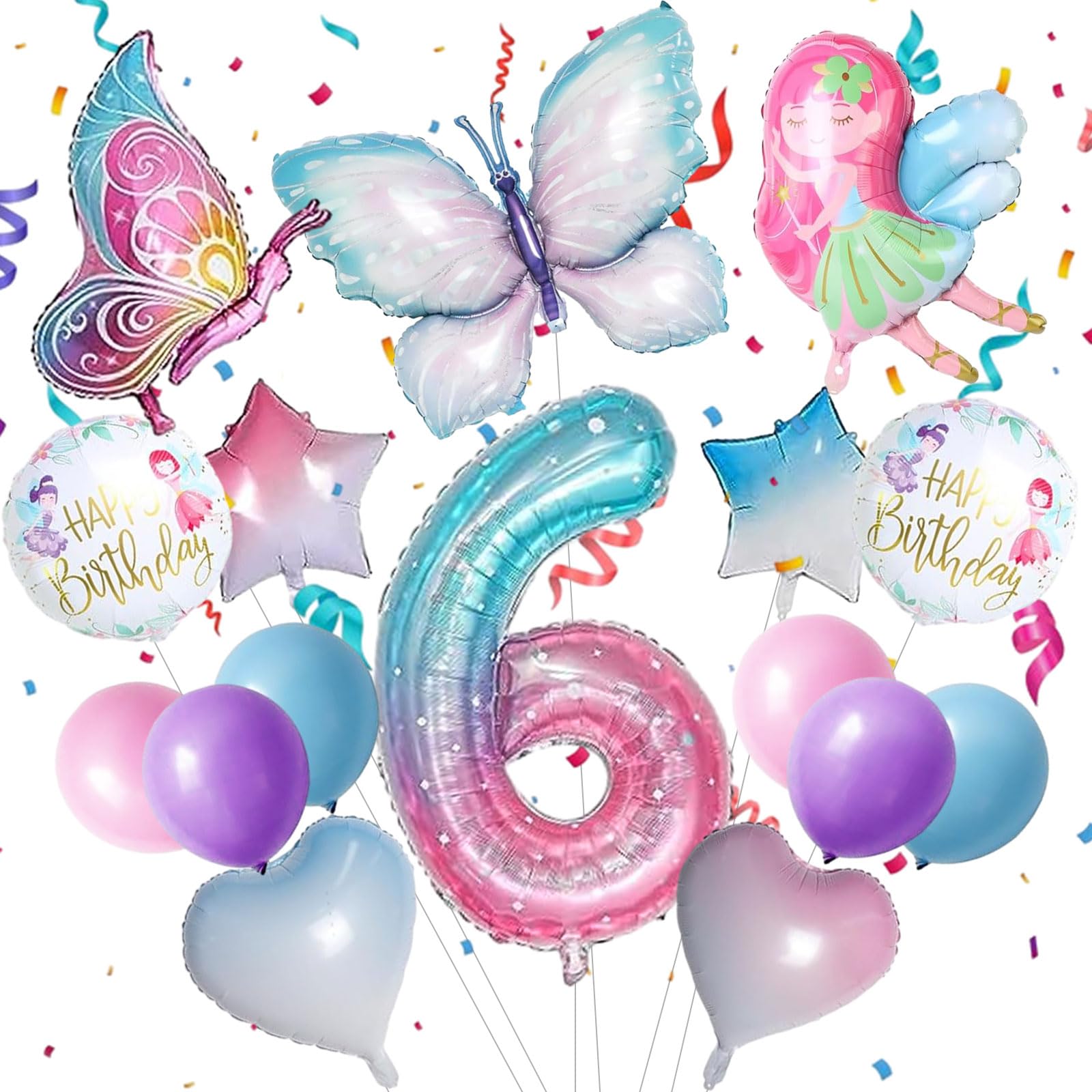 Schmetterling Ballon-Set Für 6. Geburtstag – 16-teilig, Mit Fee, Herzen & Sternen, Aus Alufolie