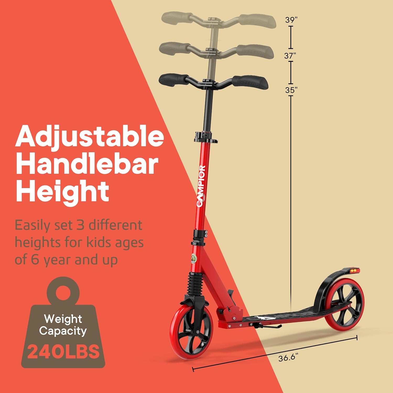 Kick Scooter for Ages 6+, for Kids, Teens, and Adults, Max Load 240 LBS, Foldable, 8-inch Big Wheels for Kids and Adults, with Kickstand, 3 Adjustable Levels, Child Safety Approved, Red - Image 4