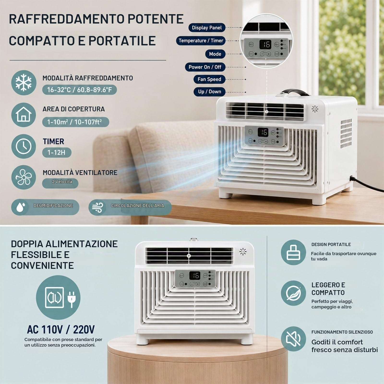 Mini Condizionatore Portatile con Vero Compressore, Climatizzatore da Campeggio 2700 BTU, 3-in-1 Raffreddatore Silenzioso 45dB per tendas, Camper, Va-ns e Avventure all'Aperto