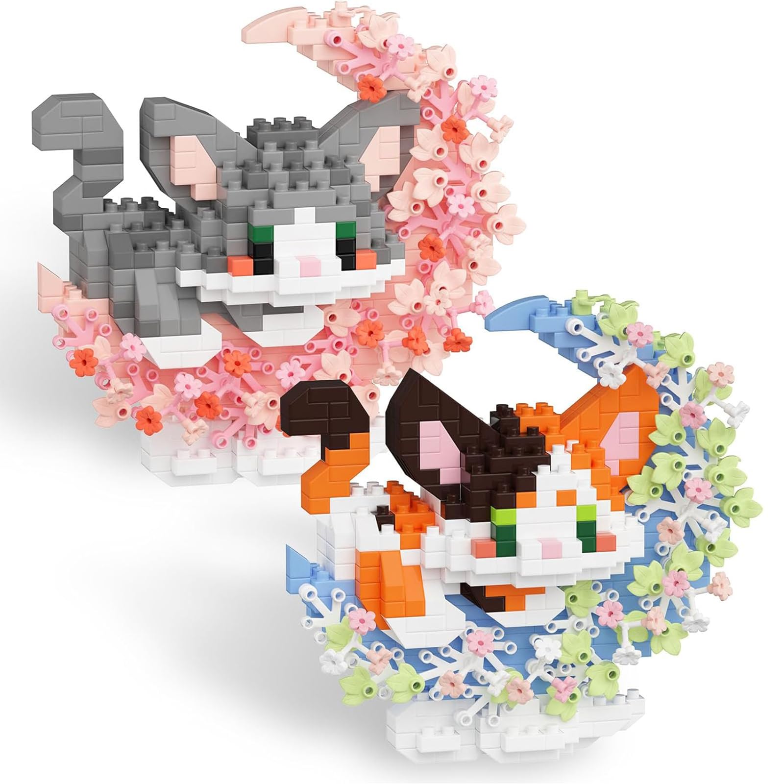 TENYEAH 2 in 1 Mini-Block-Set Katze für Tiere mit Blumengürtel, Mini-Block-Spielzeug-Katze, Geburtstagsgeschenk für Erwachsene Kreative 14+