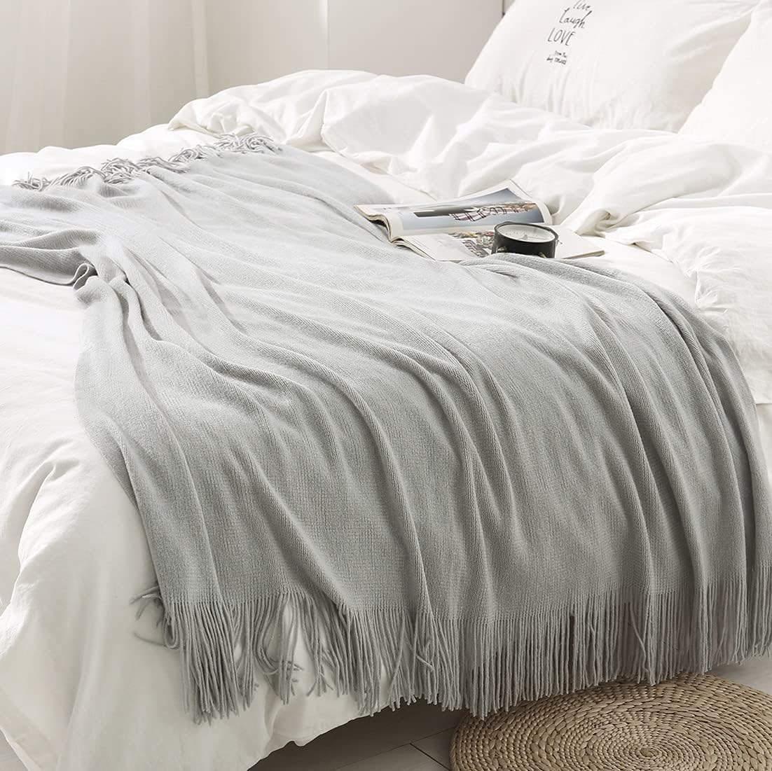 Homiest Decorative Knitted Throw Blanket with Fringe Soft & Cozy Tassel Blanket for Couch Sofa Bed (Light Grey,50x60)