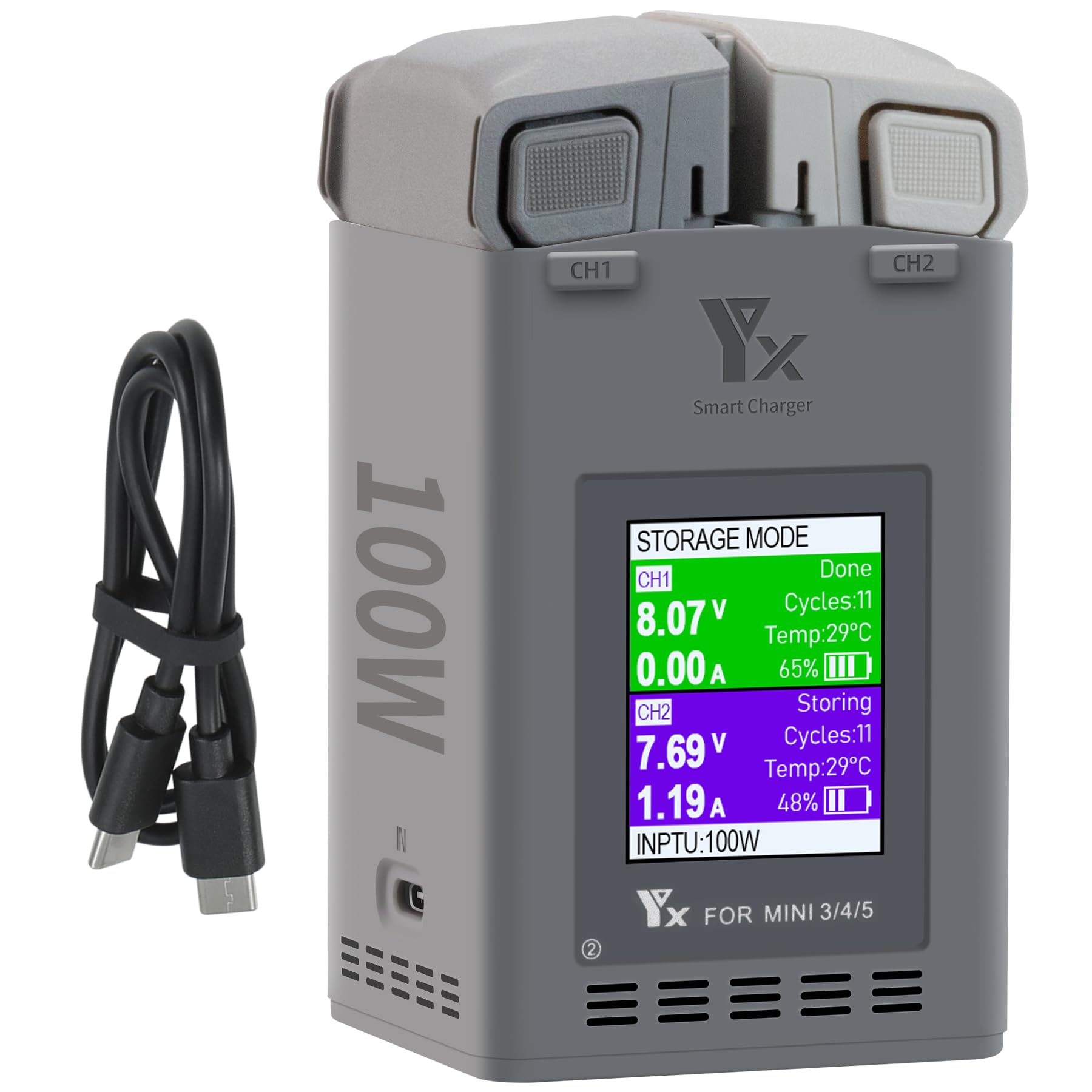 LYONGTECH 100W LCD Fast Battery Charger for DJI Mini 5 4 3 Pro Drone,Two-Way Display Dual Charging Hub,Charge Two Batteries Accessories
