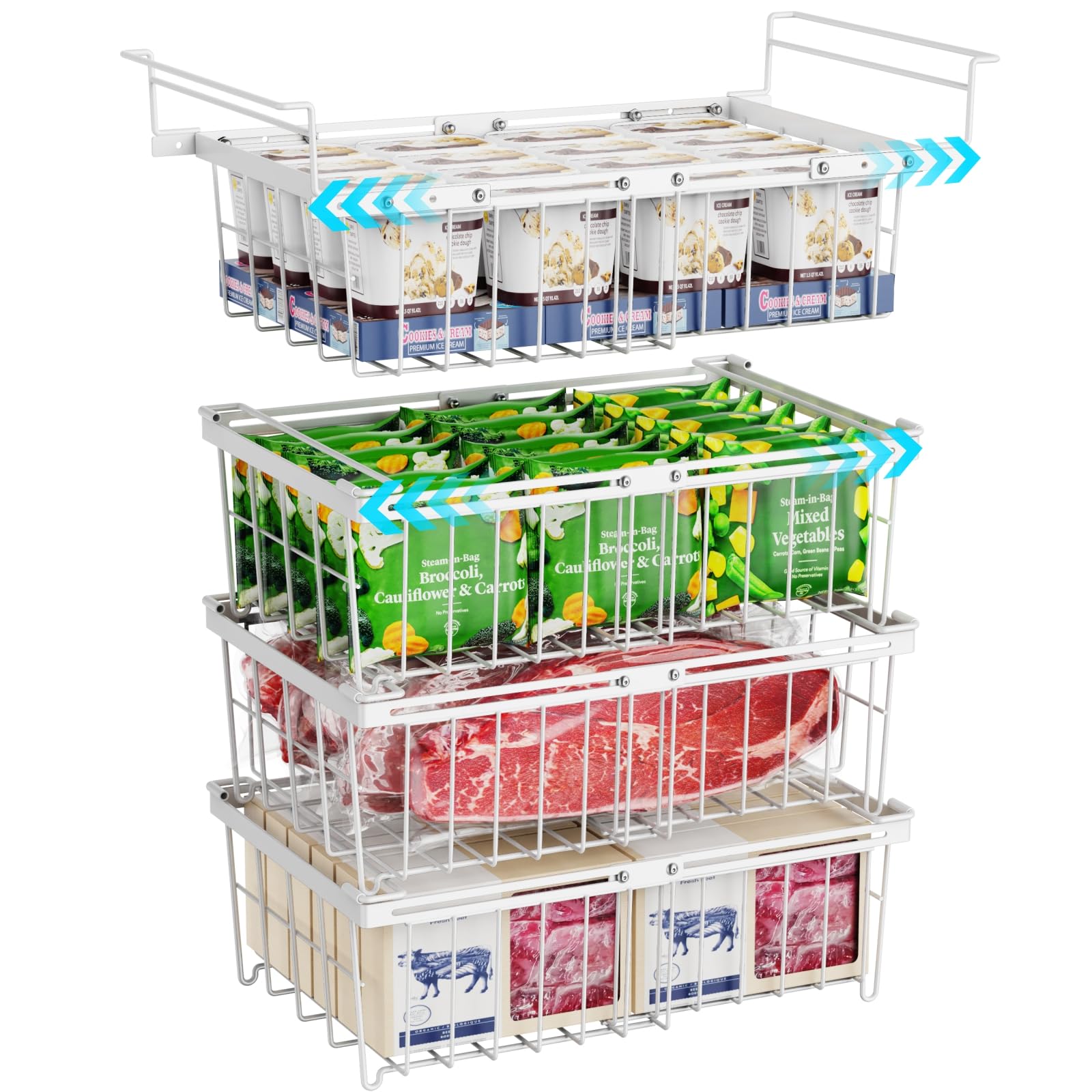 ispecle freezer organizer bins - 4 pack large extendable deep freezer organizer bins for 10 to 20 cu.ft, include 1 hanging basket & 3 stackable bins, white