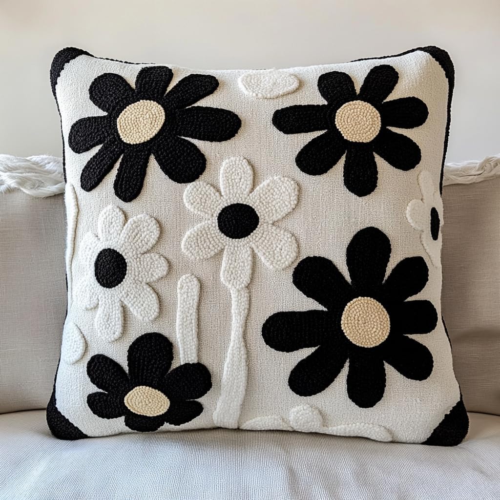 DIY Punch Needle Pillow Kit Black and White Daisy Flowers with Pattern and Hoop Handmade Embroidery Punch Needle Starter Pillowcase Making Set for Home Sofa Decoration 43x43cm-10