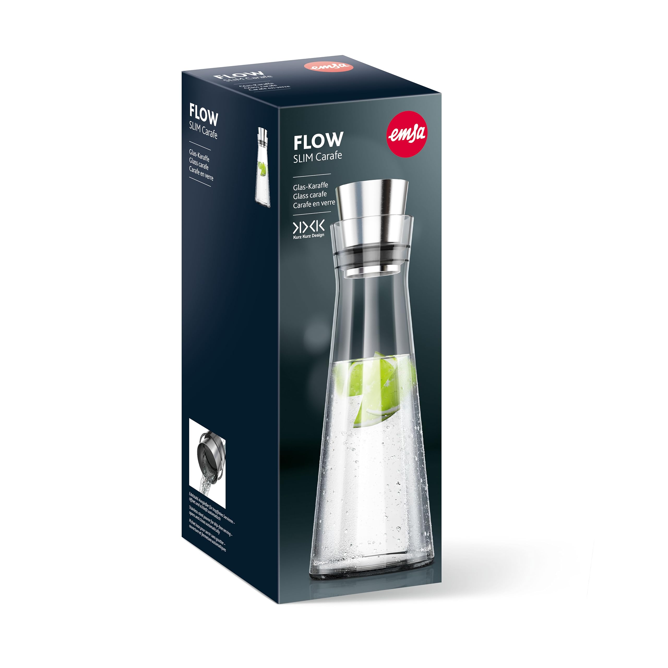 Emsa 515675 Flow Slim Glaskaraffe | 1 Liter | Automatische Verschlussklappe | Edelstahl |10.5 x 10.5 x 37.5 cm