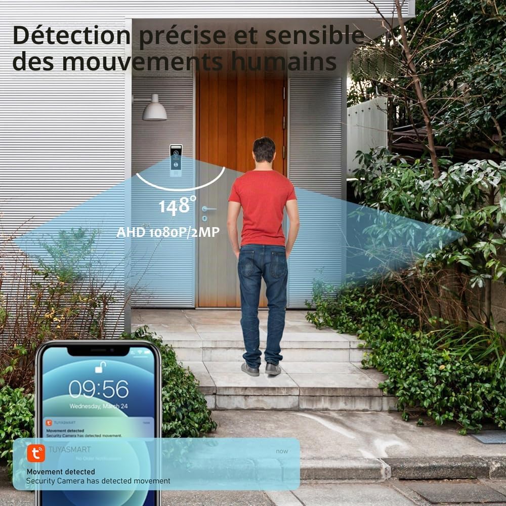ANJIELO SMART Tuya Système d'interphone visuel à 4 fils avec caméra HD 1080p Sonnette filaire Moniteur d'écran WiFi avec vision nocturne grand angle avec détection de mouvement