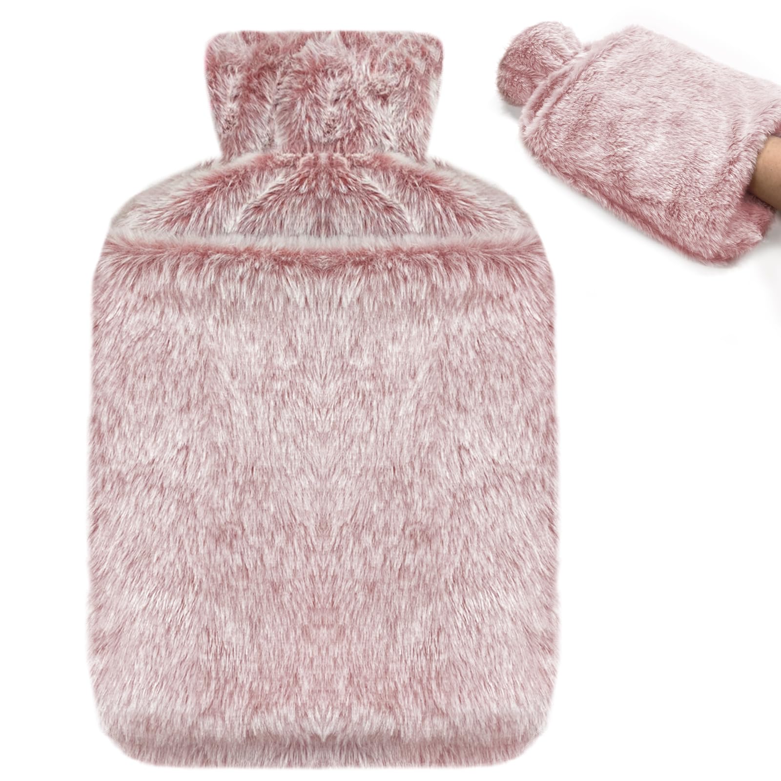 Jsdoin Borsa Acqua Calda, 2L Borsa Dell'acqua Calda con Peluche Morbida Copertura,Boule Acqua Calda, Borsa Acqua Calda per Dolori (Rosa)