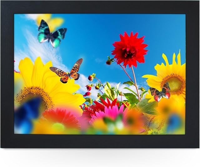 Portable Lap Desk Tray (Butterflies and Sunflowers) Handmade Wooden Frame, Beanbag Cushioned Bottom | Computers, Laptops, Meals, Food | L0213 Black