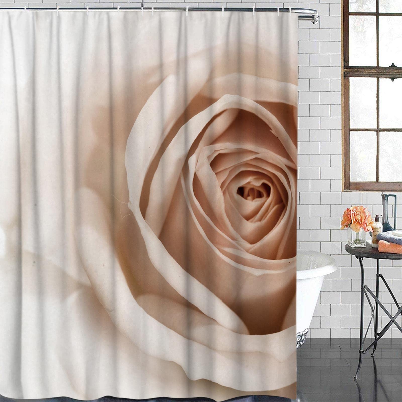 Cortinas de Ducha de baño de Tela Extra Larga Rosa Blanca Juegos de decoración de baño con Ganchos poliéster Impermeable Lavable 120x200cm
