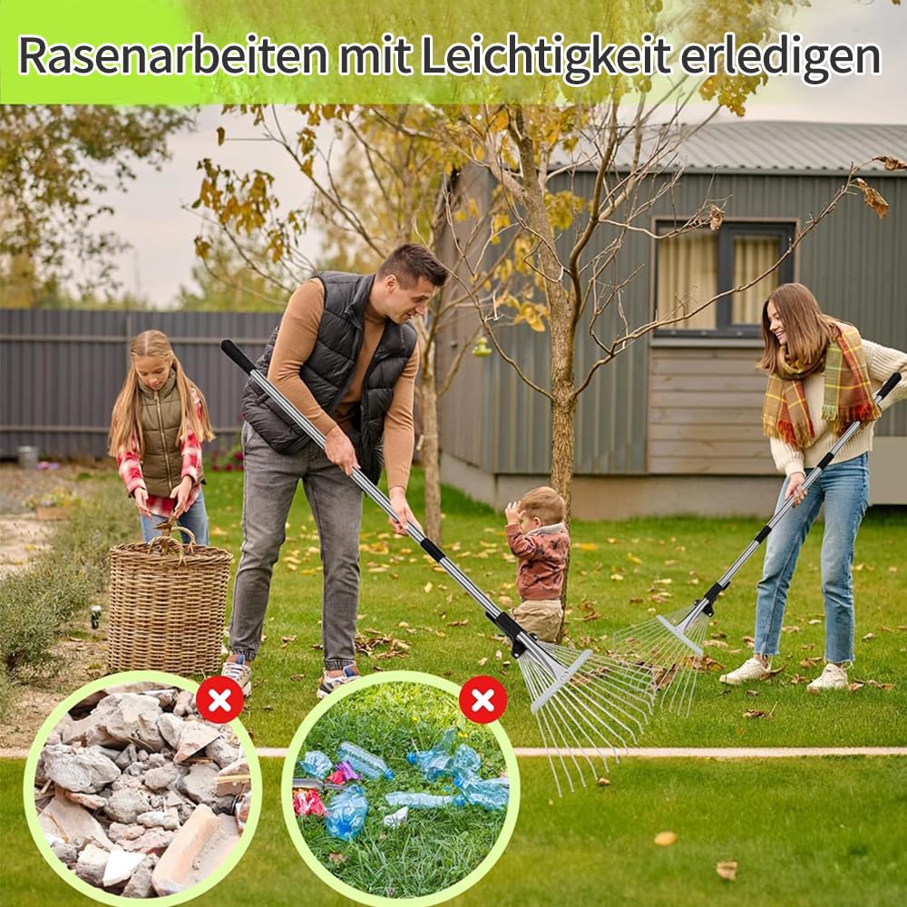 Gazonhark, ergonomische lange steel van roestvrij staal, tuinhark van