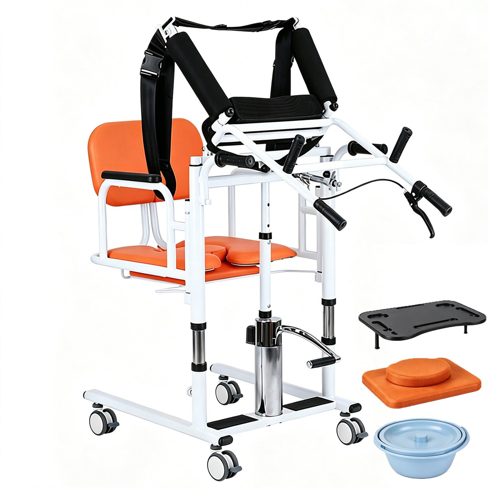 Silla Transferencia Personas Mayores, Silla de Ruedas Hidraulica 200kg, Asiento 180° Regulable 41-65cm, 4 en 1: Silla de Transferencia para Ancianos, Ducha, WC, Comedor, Sillón