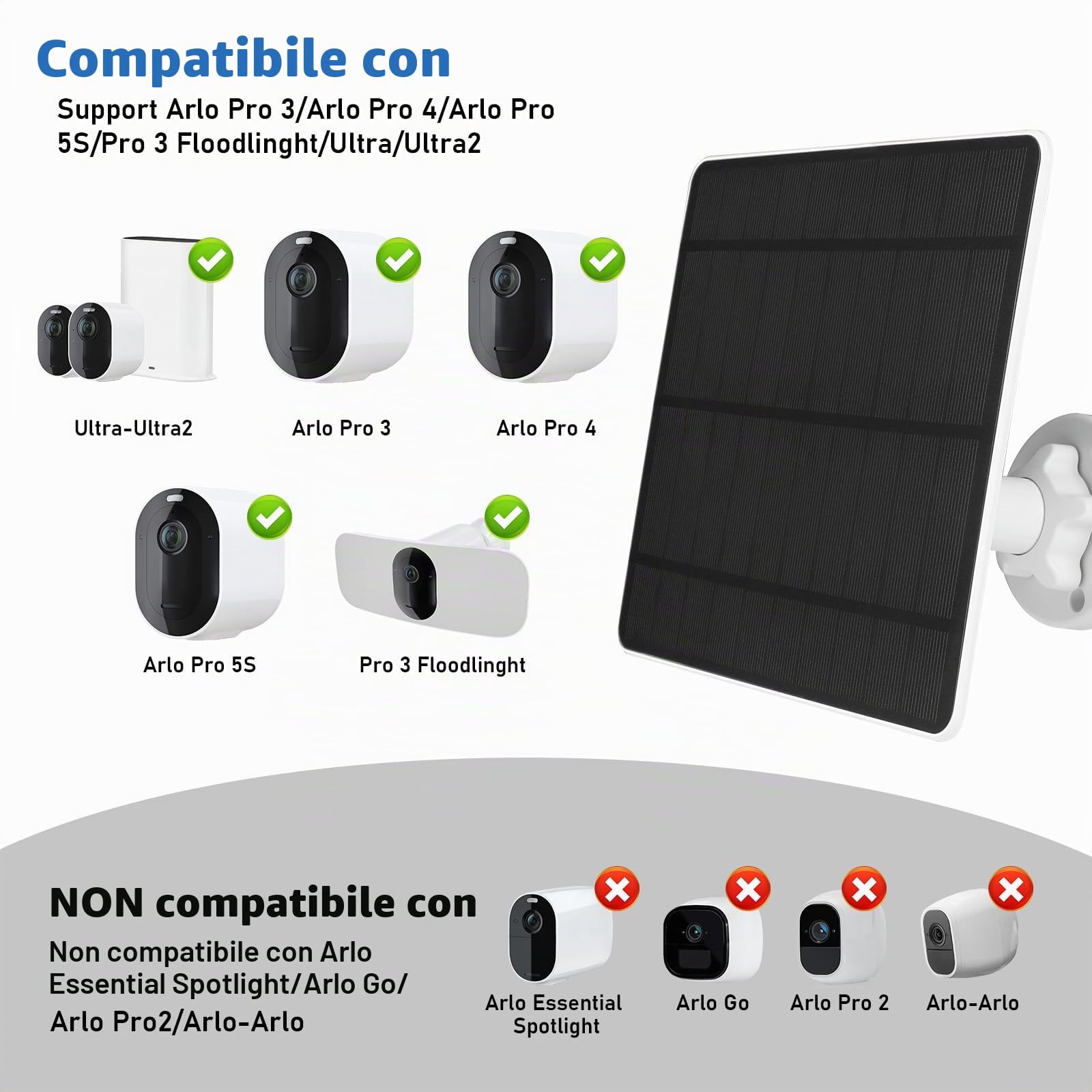 Pannello solare per telecamera di sicurezza, compatibile con telecamere ARLO