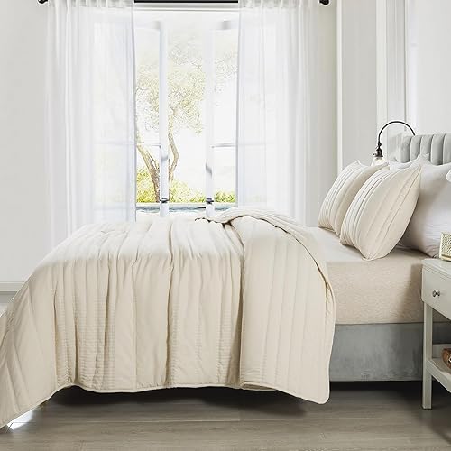 Miniatura 4 de HIARUO Colchas tamaño King, colcha a rayas (104 x 90 pulgadas) con 2 fundas de almohada (20 x 36 pulgadas) para todas las estaciones, beigeblanco