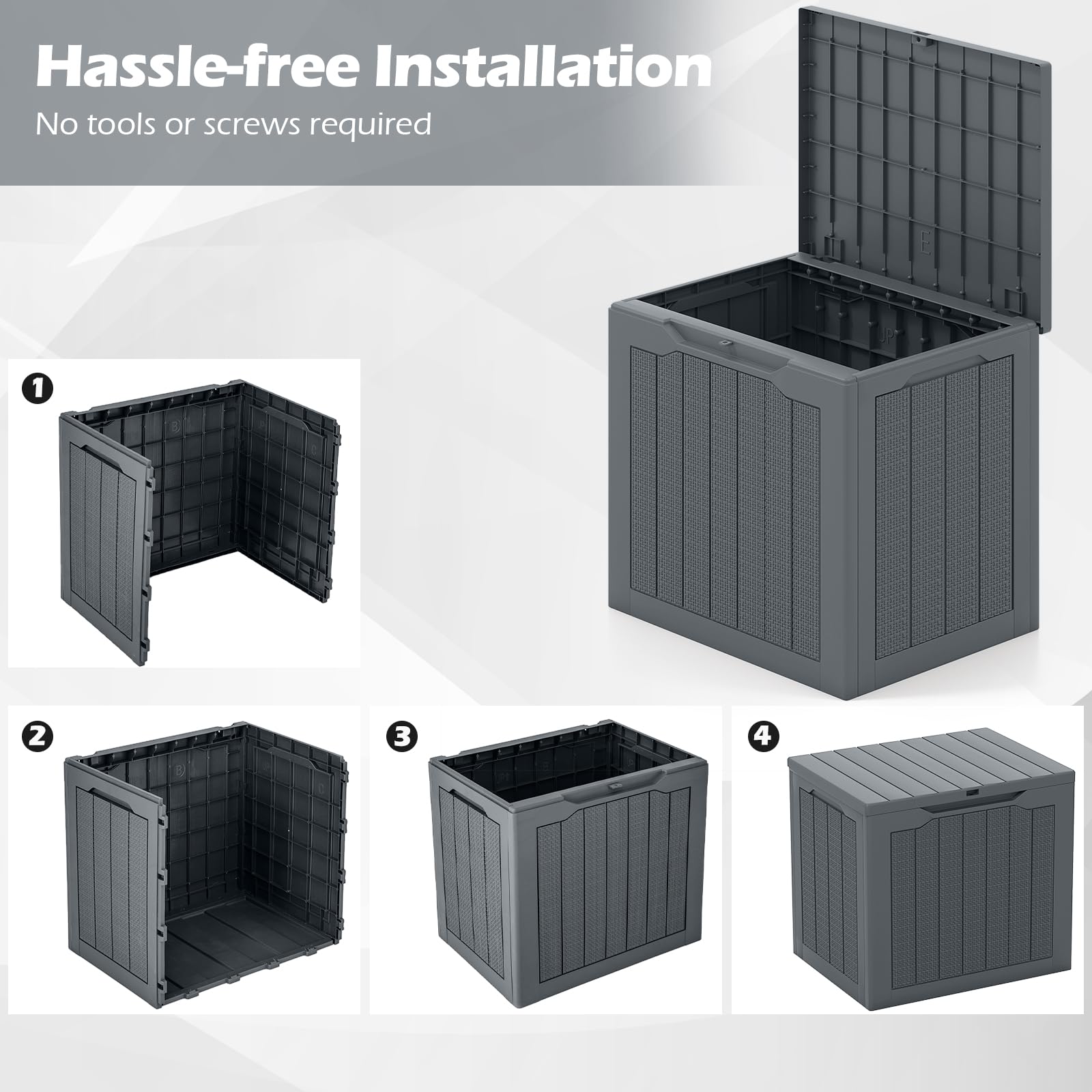 FANTASK 106L Gartenbox, 56 x 41 x 50,5 cm, Outdoor Kissenbox mit abschließbarem Deckel, Auflagenbox wasserfeste, Schrank Rattan-Optik für Poolzubehör, Gartengeräte, Pakete (Grau)