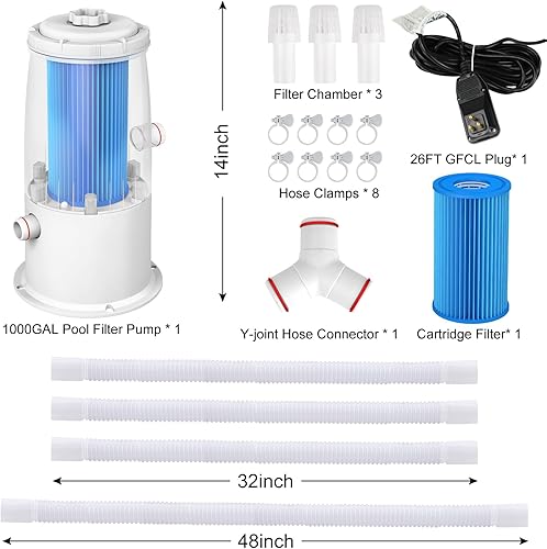 Miniatura 9 de Evoio Bomba de filtro de piscina sobre el suelo, 1000 galones de alto caudal con luz de funcionamiento, 10 horas de sincronización apagado