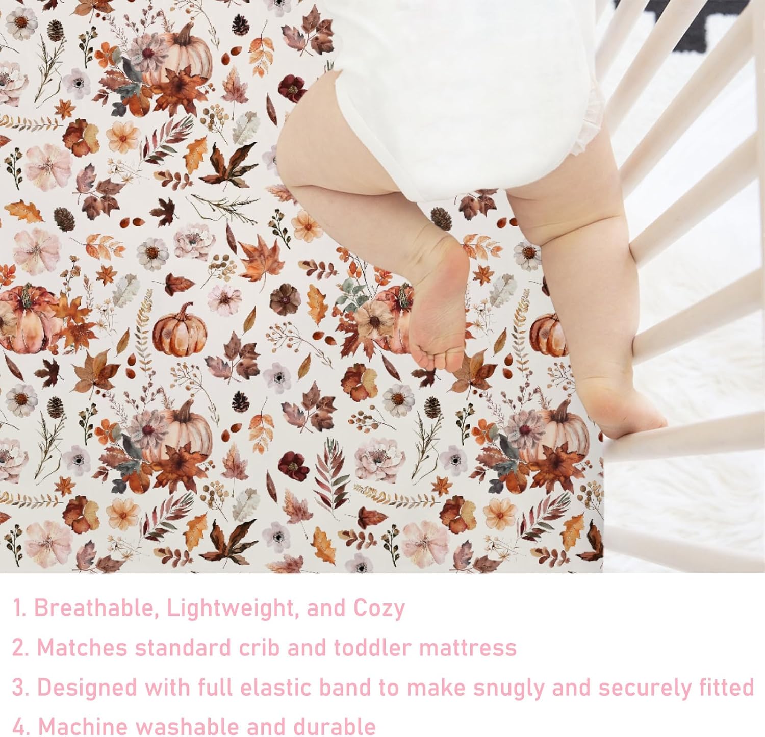 Vintage Fall Pumpkins Boho Floral Baby Crib Sheets 52''x28'' Autumn Retro Leaves Stretchy Fitted Mattress Cover for Boy Girl Thanksgiving Soft Baby Bed Sheet for Standard Toddler Mattress