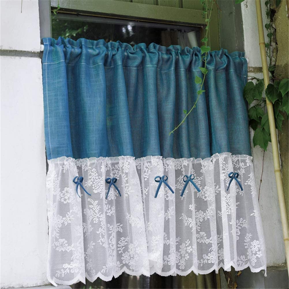 Rideau court style rural bleu avec dentelle et bowknot pour cuisine
