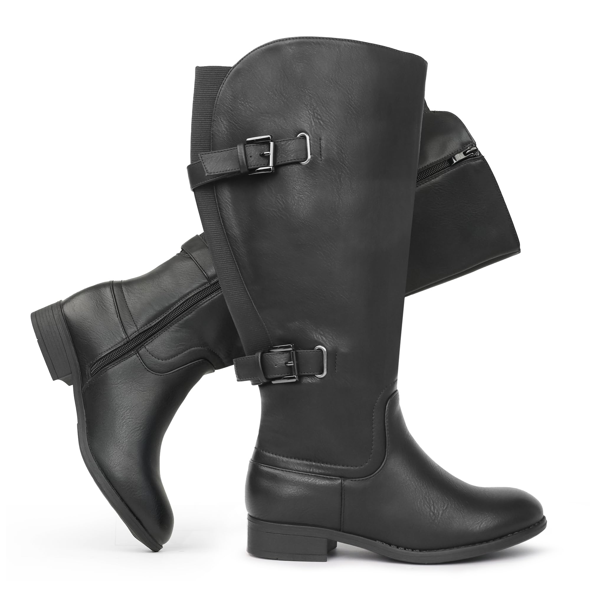 Womens Classic Extra Wide Calf Flat Heel Double Buckle Back Stretch Knee High Boots