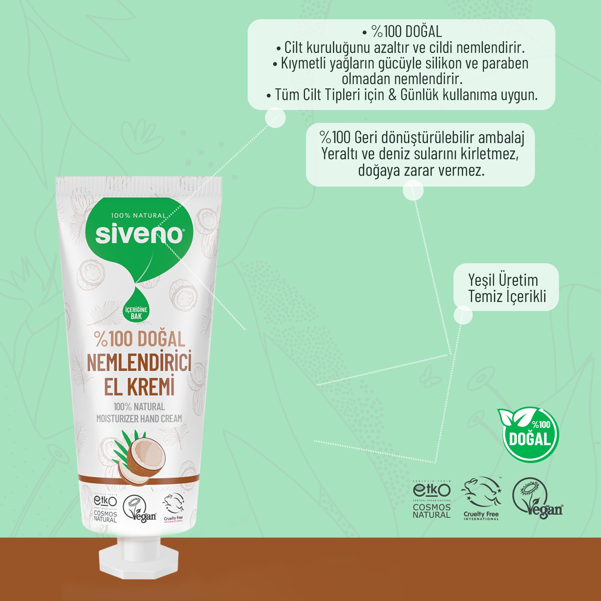 Siveno%100 Doğal El ve Vücut Kremi Hindistan Cevizi Avokado Yoğun Nemlendirici Onarıcı Vegan 30 ml