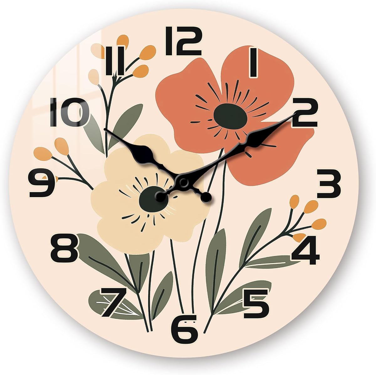 10" Boho Floral Wall Clock - Silent Bathroom Wall Clocks Battery Operated - Farmhouse Small Vintage Wall Clocks Non Ticking Decorative for Living Room Kitchen Bedroom Wall Decor